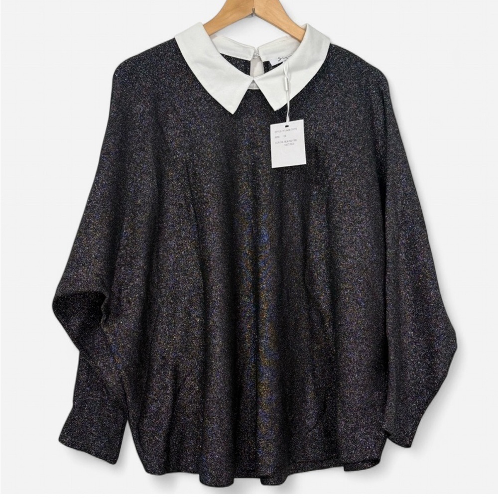 Sioni Black Sparkly Dolman Sweater with White Collar Size 2X NWT
